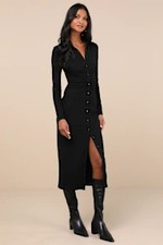 Lulus A Little Prep Button-Up Bodycon Midi Dress Black L
