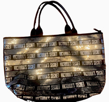 Victoria's Secret Black Silver Sequin Logo Zip Tote Bag Lined Inner Pockets