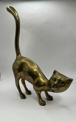 Large 13¼'' Solid Brass Cat Figure Statue Tail Raised Up Arched Back MCM Siamese