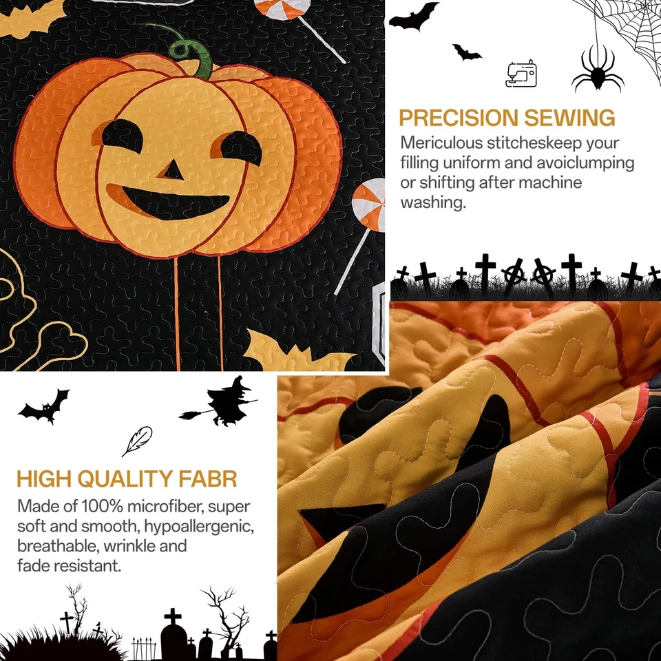 Juego de colcha de Halloween tamaño queen calavera calabaza negro naranja tema colcha Hol... Foto 4 de 4