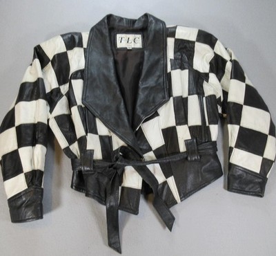 Vintage Cache Twins Leather Checkered Jacket Womens Small Black White 80s USA