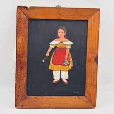 Vintage Naive Folk Art Female Girl with Flowers on Wood Painting Signed Gaynelle