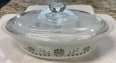 Glasbake Green flower Daisy J-235 Oval Casserole with Lid Made in USA 1qt