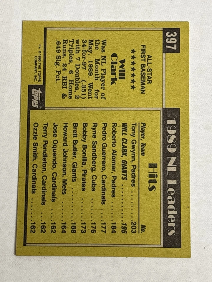 1990 Topps All-Star Will Clark #397 MISPRINT - Image 2 of 2