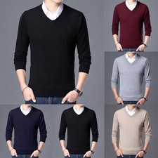 Knitted V Neck Sweater Casual Winter Tops Comfortable Fit Cotton Blend Fabric