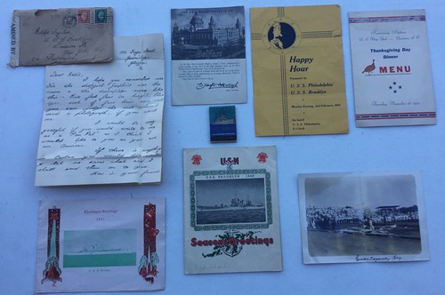 WWII USS Brooklyn Ephemera Christmas Thanksgiving Menus Letter Matchbook Photo