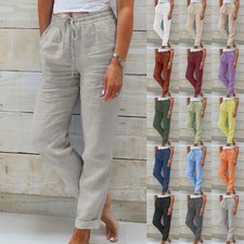 Ladies Casual Elastic Waist Linen Cotton Trousers Drawstrings Pants PlusSIZE