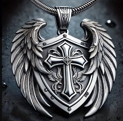 Men's 316L stainless steel necklace with an angel-winged cross shield pendant.