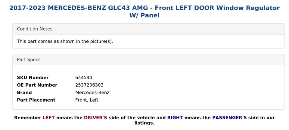 2017-2023 MERCEDES-BENZ GLC43 AMG - Front LEFT DOOR Window Regulator W/ Panel - Image 4 of 4