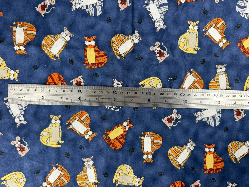 1.5 yds 42"W Moda By Cynthia Young Fabric Fat Cat And Mouse Vintage 1996 On Blue - Image 2 of 3