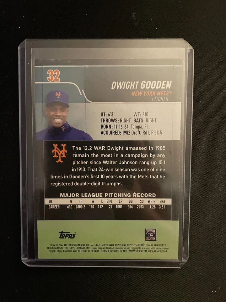 2022 Topps Stadium Club Dwight Gooden Members Only SP /50 New York Mets - Image 2 of 2