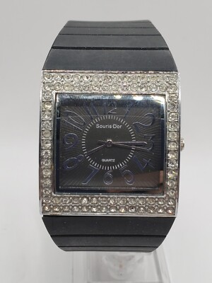 Souris Dor Ladies Fashion Gem Quartz Watch 36mm Square Silver Black  Silicone