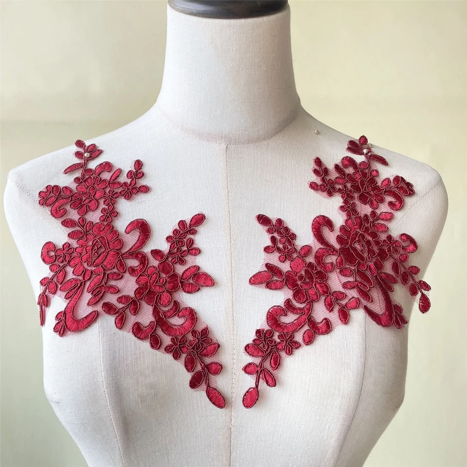 Vestido de noche de novia apliques de encaje floral con cordón disfraz de boda hágalo usted mismo motivo 1 par Foto 4 de 4