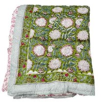 Jaipuri Razai Quilt Indian Kantha Hand Block Print Green Floral Quilt Queen Size