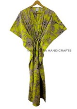 Green Indian Cotton Long Sleeve Floral Print Free Size Bohemian Caftan Dress