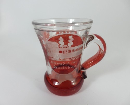 Tasse soldes souvenir / pichet à anse verre teinté, KARLSBAD, vers 1900 AL43