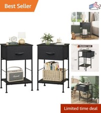 End Table with Fabric Storage Drawer & Open Wood Shelf - Set of 2 - 25" Height