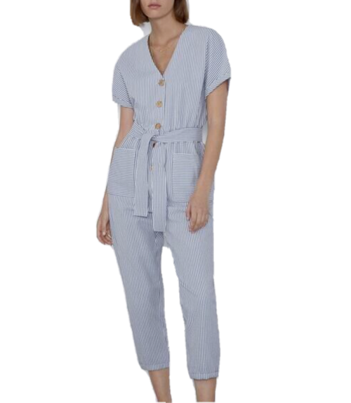 Zara Women's Blue/White Striped Seersucker Tie- Front Jumpsuit