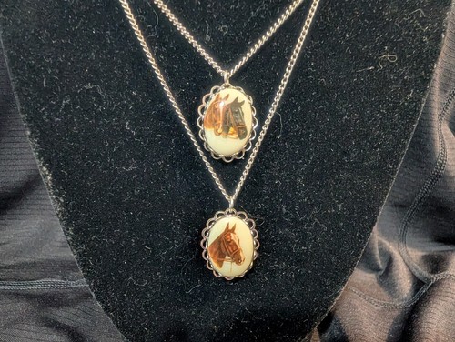 Two (2) Horse Horses Oval Filigree Cameo Silver Tone Pendants & 18.5" Necklaces - Picture 3 of 8