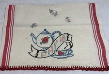 Vintage Kitchen Towel, Woven Stripes, Hand Sewn Embroidery, China, Teapot, Cups