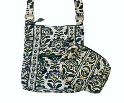 Vera Bradley Hipster FANFARE Black White Crossbody Handbag Purse & Cosmetic Bag