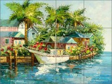 Ceramic Tile Mural Kitchen Backsplash Ching Tropical Sailboat Dock Art CHC092