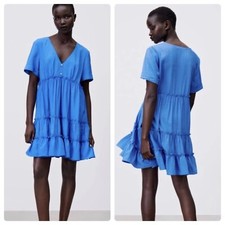 Zara Tiered Ruffle Mini Dress Bright Blue Embellished Size Small