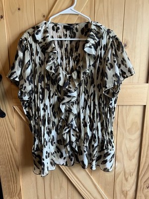 East 5th Beige and Black Leopard Print Ruffle Blouse Size 2X Accordion Stretch 