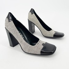 Prada Vintage 90s Black Leather Trim Gray Fabric Square Toe Block Heels IT 38