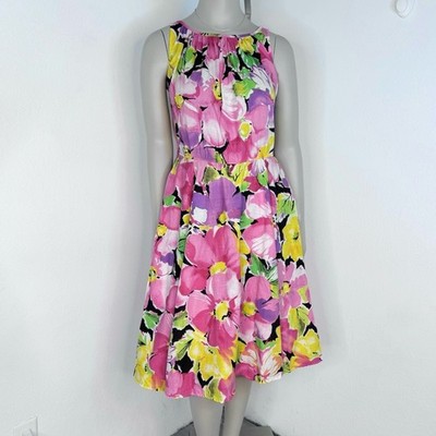 Vintage 80s Dress Bold Floral Fit & Flare Sleeveless Summer Garden Party Medium