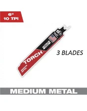 3 Pack Milwaukee 6 Inch 10Tpi Torch Nitrus Carbide Reciprocating Saw Blade 🔥