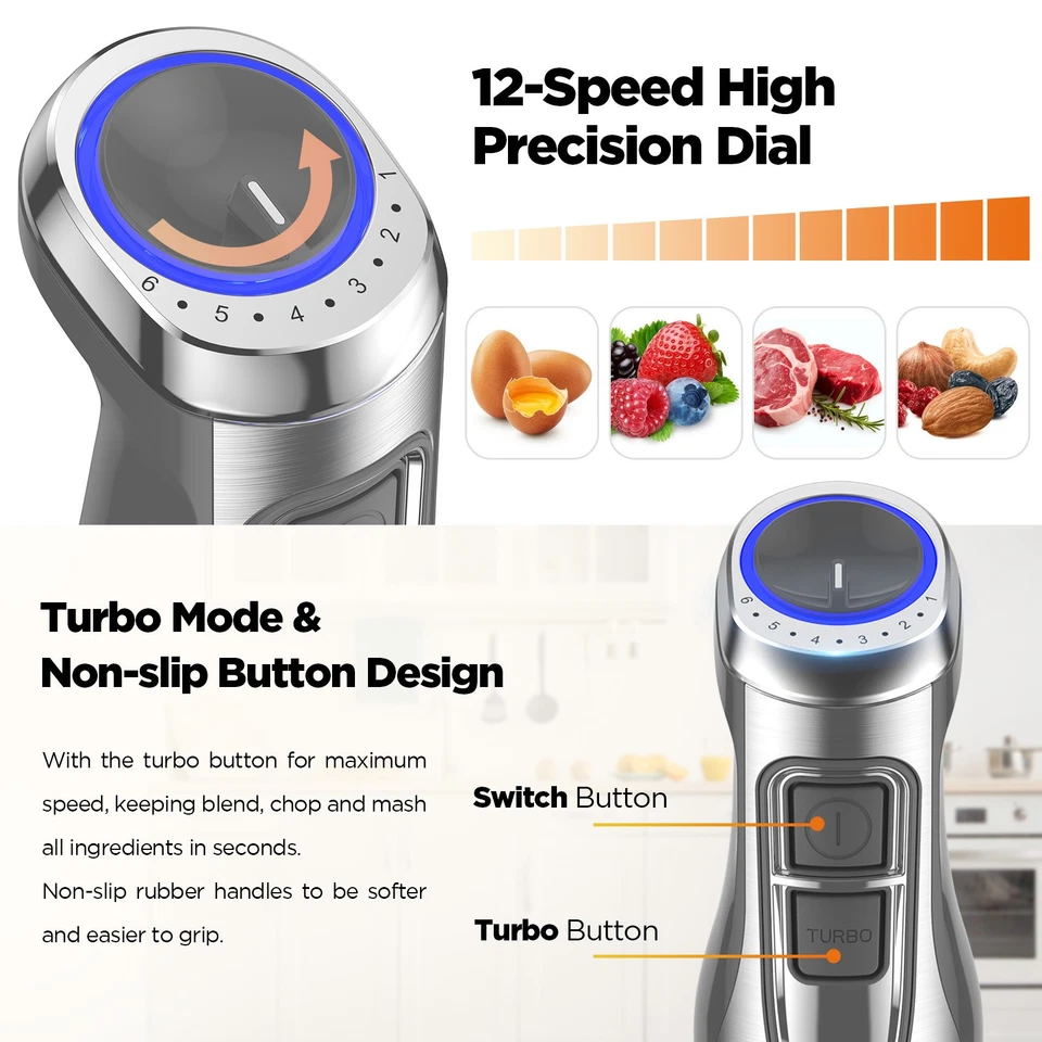 Batidora de mano de inmersión KOIOS 1100 vatios 12 velocidades 5 en 1 mezcladora de varillas de acero inoxidable Foto 4 de 4