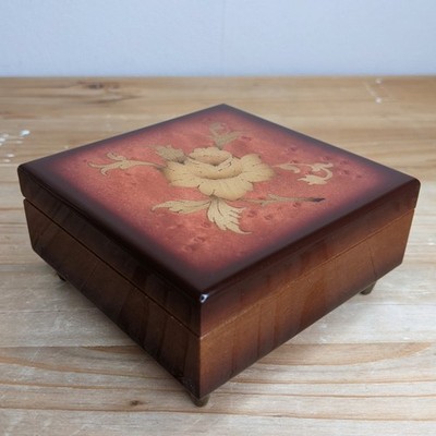 Vintage Holzkiste Intarsien Rose Blume Wurzelholz Fuß Glanzoptik lackiert 