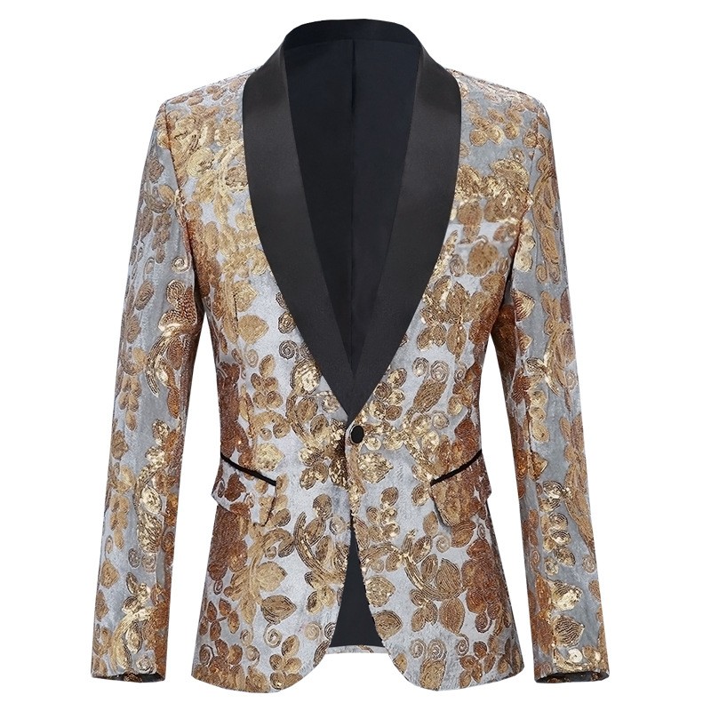 Men Velvet Blazer Jacket Shiny Gold Sequined Floral Stage Dress Performance Coat image 6