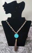Boho Beaded Necklace Turquoise Color Pendant with Tassel