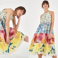FARM Rio Tiered Cotton Tank Midi Mixed Patchwork Floral Dress S Beaded Buttons