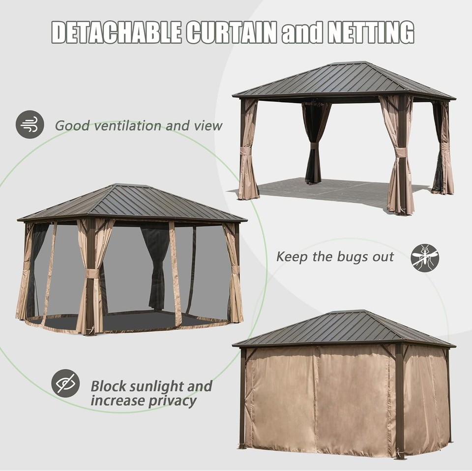 Domi 10'X12' Hardtop Gazebo,Steel Roof Gazebo w/Aluminum Frame,Netting ...