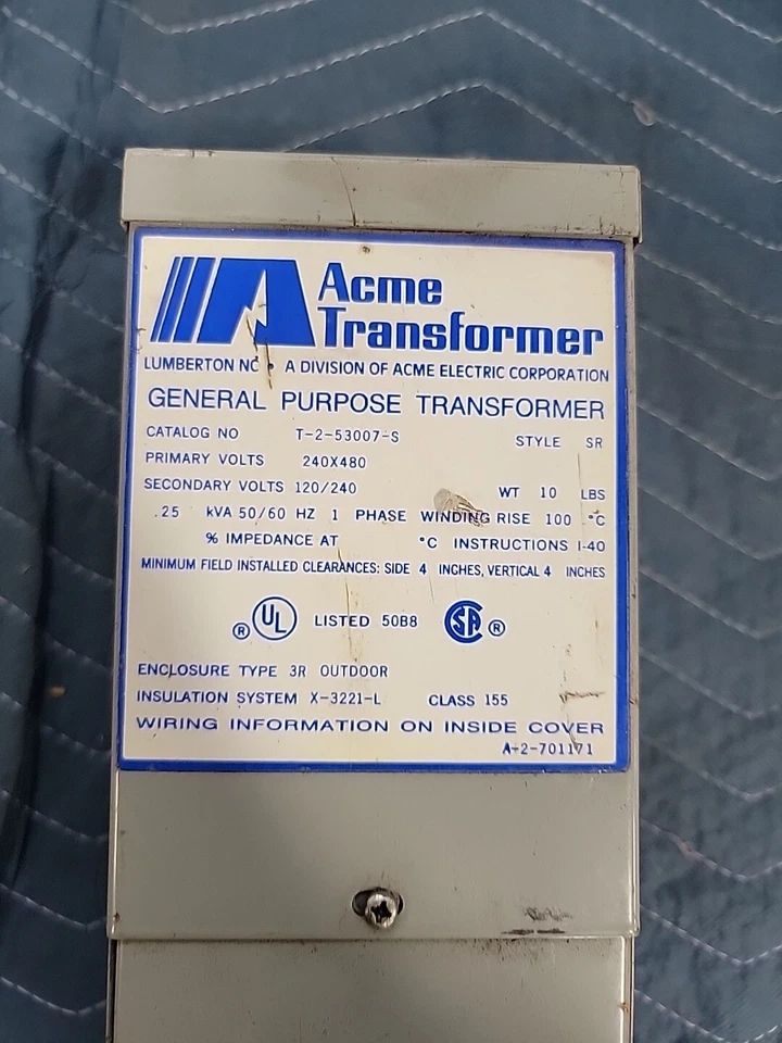 ACME Transformer T-2-53007-S 240/480V 50/60Hz 1 Phase.                      - Image 2 of 2