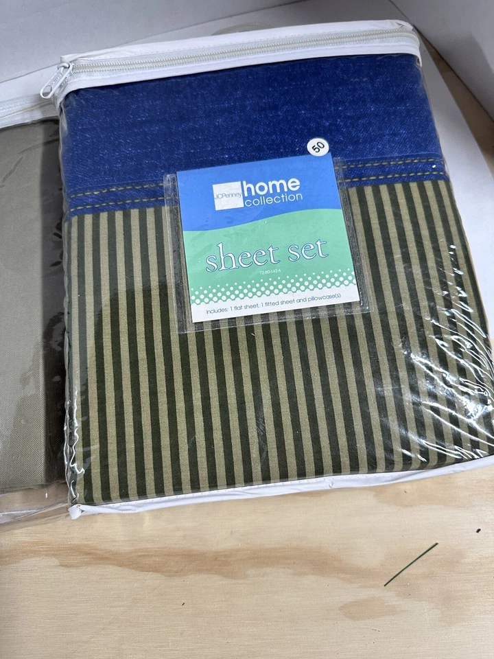 Vintage JC Penney Full Sheet Set And Bed skirt Blue Striped With Denim Trim New - Image 2 of 4