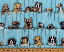 Cotton Dogs Puppies Fence Pets Whiskers Tails Fabric Print by the Yard D755.25