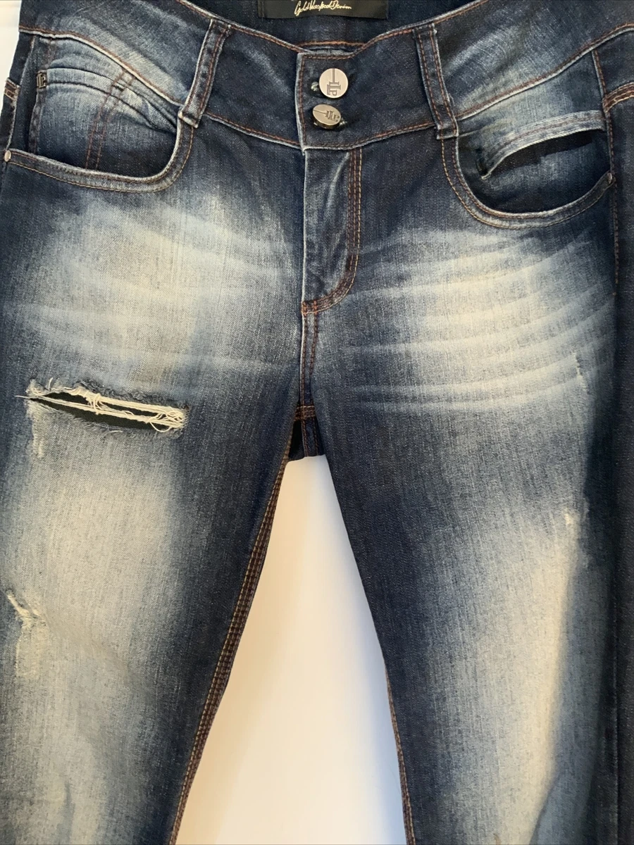 LANCA PERFUME Denim Gold Washed Jeans Ripped Distressed Straight Leg 30x33