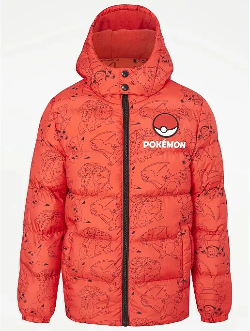 Pokemon Padded Winter Coat School Coat Puffer Jacket Hooded Red Fleece Lined
