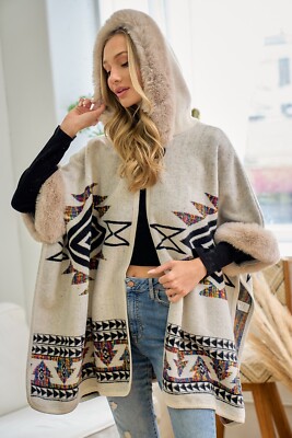 new ON BLUE PONCHO WRAP COAT faux fur hooded WESTERN BOHO SM-XL tribal  Aztec