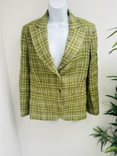 Burberry Checked Blazer Womens Jacket Green Linen Blend Smart Country Uk8 Xs