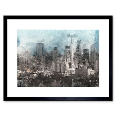 Seattle City Skyline Illustration gerahmter Wandkunstdruck 12 x 16 Zoll