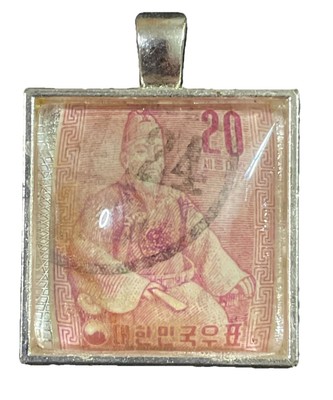 VTG KOREA 20 Postage stamp King Sejong Ruler Made Into Pendant