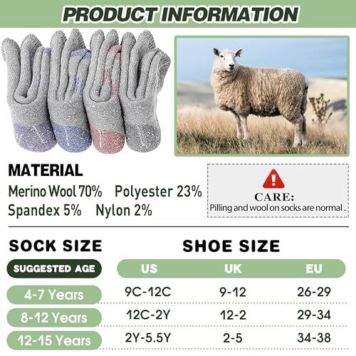 Kids Merino Wool Hiking Socks Girls 8-12 Years 4 Pairs-purple/Blue/Red/Grey - Picture 6 of 6