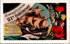 RPPC 21st Birthday Sailing Ship Roses Embossed Border c1910s photo postcard PQ3