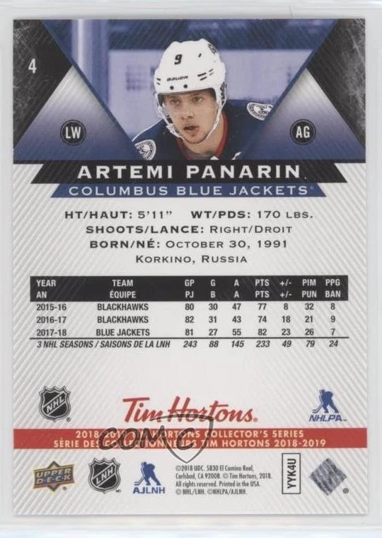 2018-19 Upper Deck Tim Hortons Collector's Series Artemi Panarin #4 - Image 2 of 2