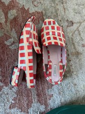 Carven Women’s 37.5 Printed Leather Slingback Sandals Block Heel Red Mint
